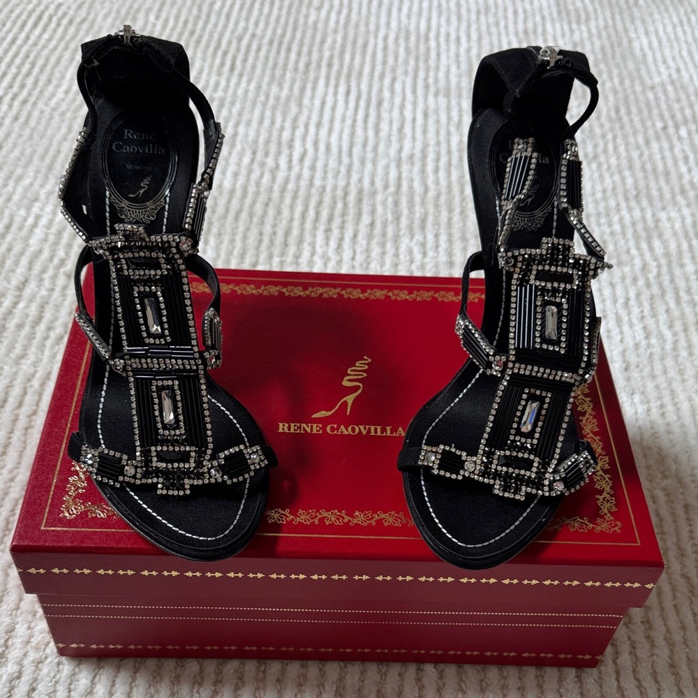 Rene Caovilla Black and Silver Embellished Heels